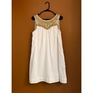 Maeve Anthropologie Sz 2 Small‎ SLEEVELESS White Green DRESS Rhinestones Knee